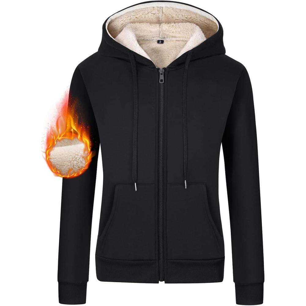 imageGihuo Womens Sherpa Lined Hooded Sweatshirt Zip Up Winter Warm Hoodie Comfy Hooded Fleece JacketBlack Color