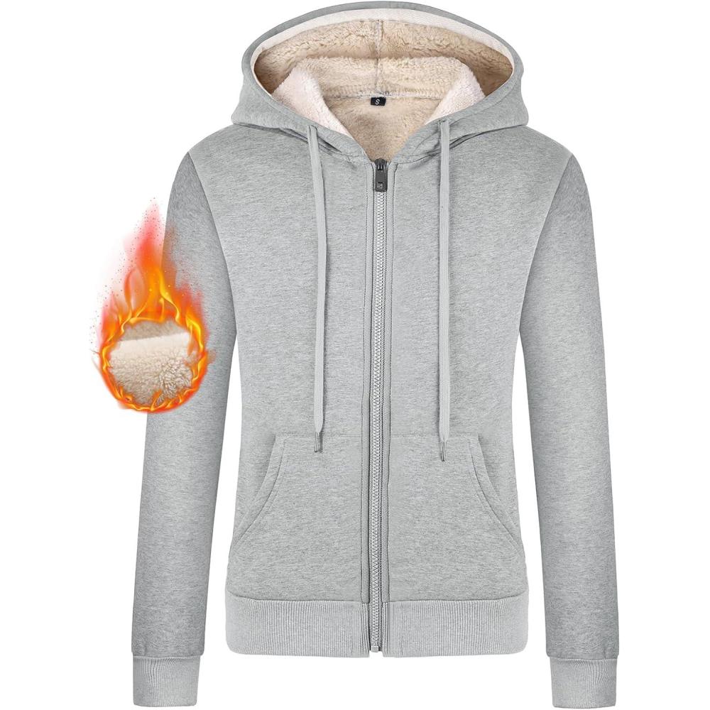 imageGihuo Womens Sherpa Lined Hooded Sweatshirt Zip Up Winter Warm Hoodie Comfy Hooded Fleece JacketGrey