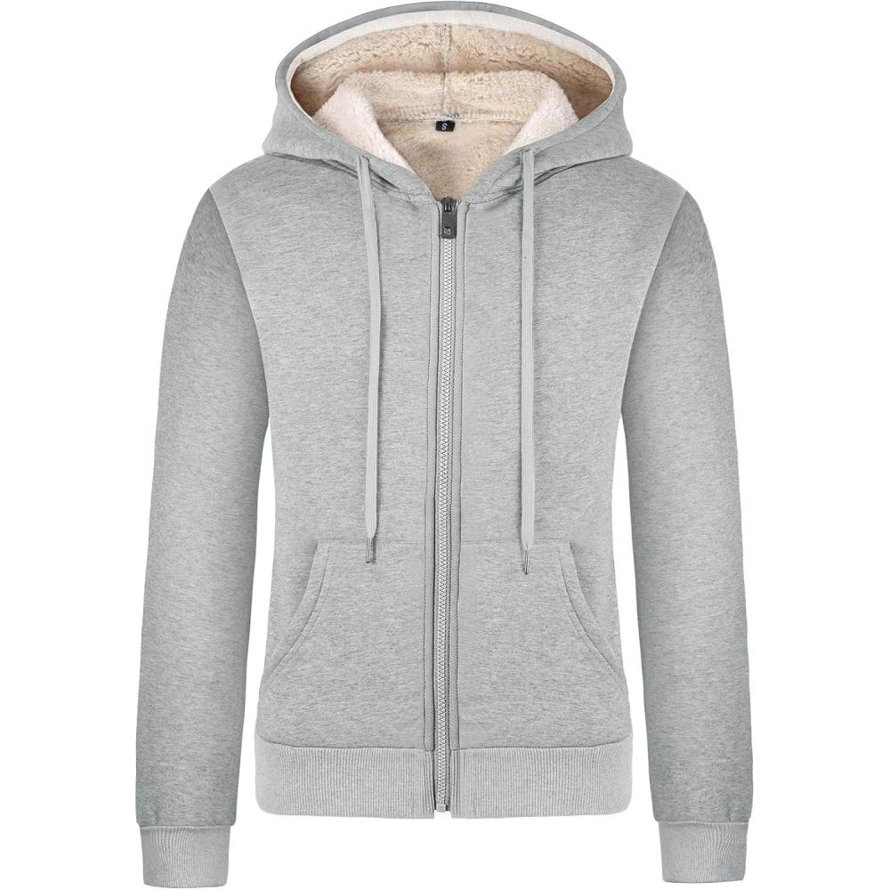 imageGihuo Womens Sherpa Lined Hooded Sweatshirt Zip Up Winter Warm Hoodie Comfy Hooded Fleece JacketLight Grey