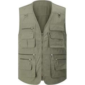 Gihuo Men’s Fishing Vest Utility Safari Travel Vest with Pockets Outdoor Work Photo Cargo Fly Summer Vest(Army Green)