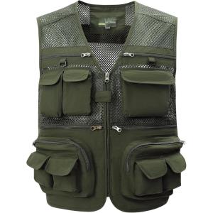 Gihuo Men’s Fishing Vest Utility Safari Travel Vest with Pockets Outdoor Work Photo Cargo Fly Summer Vest(Army Green-mesh)