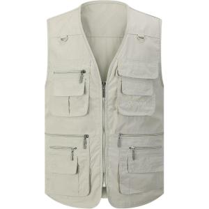 Gihuo Men’s Fishing Vest Utility Safari Travel Vest with Pockets Outdoor Work Photo Cargo Fly Summer Vest(Beige)