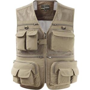 Gihuo Men’s Fishing Vest Utility Safari Travel Vest with Pockets Outdoor Work Photo Cargo Fly Summer Vest(Beige-mesh)