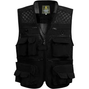 Gihuo Men’s Fishing Vest Utility Safari Travel Vest with Pockets Outdoor Work Photo Cargo Fly Summer Vest(Black-mesh)