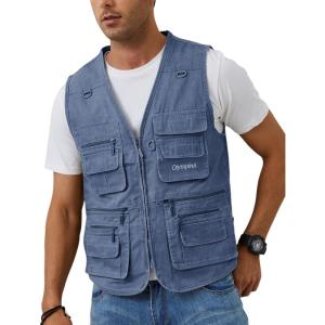 Gihuo Men’s Fishing Vest Utility Safari Travel Vest with Pockets Outdoor Work Photo Cargo Fly Summer Vest(Blue)
