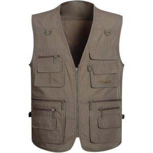 Gihuo Men’s Fishing Vest Utility Safari Travel Vest with Pockets Outdoor Work Photo Cargo Fly Summer Vest(Grey)