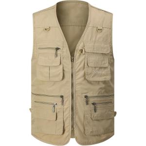 Gihuo Men’s Fishing Vest Utility Safari Travel Vest with Pockets Outdoor Work Photo Cargo Fly Summer Vest(Khaki)