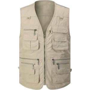 Gihuo Men’s Fishing Vest Utility Safari Travel Vest with Pockets Outdoor Work Photo Cargo Fly Summer Vest(Light Khaki)