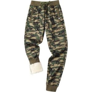 Gihuo Men’s Sherpa Lined Athletic Sweatpants Winter Warm Track Pants(01 Greencamo (Ribbed Cuffs))