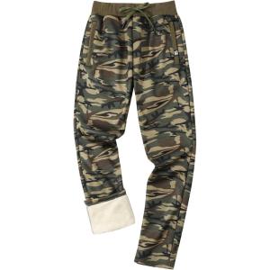 Gihuo Men’s Sherpa Lined Athletic Sweatpants Winter Warm Track Pants(02 Greencamo (Straight Cuffs))
