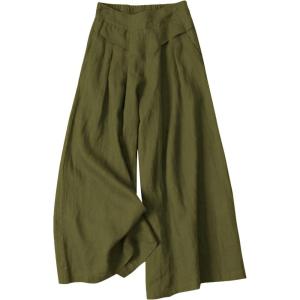 Gihuo Women’ s Culottes Linen Blend Wide Leg Pants Elastic Waist Casual Palazzo Trousers with Pockets Capris(Army)
