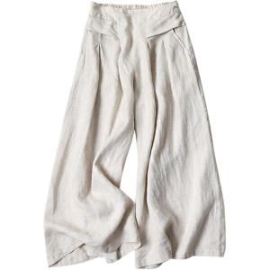 Gihuo Women’ s Culottes Linen Blend Wide Leg Pants Elastic Waist Casual Palazzo Trousers with Pockets Capris(Beige)