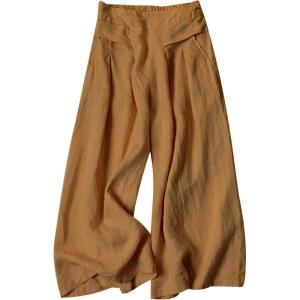 Gihuo Women’ s Culottes Linen Blend Wide Leg Pants Elastic Waist Casual Palazzo Trousers with Pockets Capris(Brown)