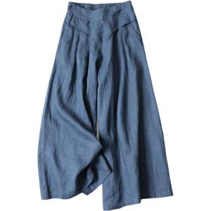 Gihuo Women’ s Culottes Linen Blend Wide Leg Pants Elastic Waist Casual Palazzo Trousers with Pockets Capris(Darkblue)