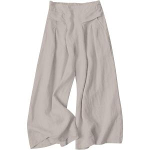 Gihuo Women’ s Culottes Linen Blend Wide Leg Pants Elastic Waist Casual Palazzo Trousers with Pockets Capris(Lightkhaki)