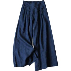 Gihuo Women’ s Culottes Linen Blend Wide Leg Pants Elastic Waist Casual Palazzo Trousers with Pockets Capris(Navy)