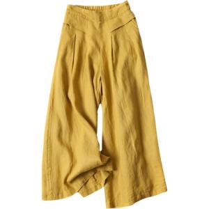 Gihuo Women’ s Culottes Linen Blend Wide Leg Pants Elastic Waist Casual Palazzo Trousers with Pockets Capris(Yellow)