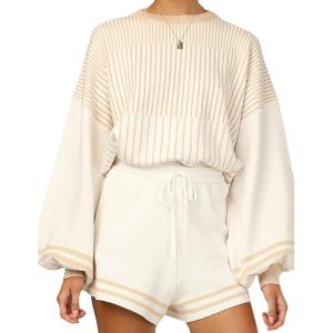 Gihuo Women’ s Striped 2 Piece Outfits Crewneck Knit Pullover Sweater Shorts Set Wide Leg Matching Set Loungewear(Apricot)