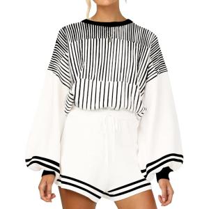 Gihuo Women’ s Striped 2 Piece Outfits Crewneck Knit Pullover Sweater Shorts Set Wide Leg Matching Set Loungewear(Black)