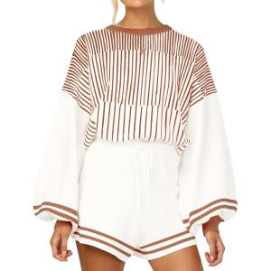 Gihuo Women’ s Striped 2 Piece Outfits Crewneck Knit Pullover Sweater Shorts Set Wide Leg Matching Set Loungewear(Brown)