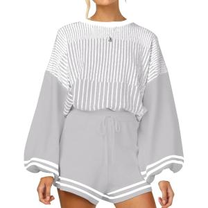Gihuo Women’ s Striped 2 Piece Outfits Crewneck Knit Pullover Sweater Shorts Set Wide Leg Matching Set Loungewear(Grey)