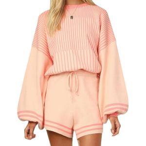Gihuo Women’ s Striped 2 Piece Outfits Crewneck Knit Pullover Sweater Shorts Set Wide Leg Matching Set Loungewear(Pink)
