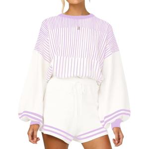 Gihuo Women’ s Striped 2 Piece Outfits Crewneck Knit Pullover Sweater Shorts Set Wide Leg Matching Set Loungewear(Purple)