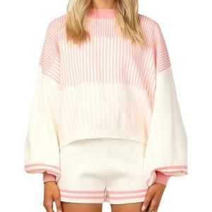 Gihuo Women’ s Striped 2 Piece Outfits Crewneck Knit Pullover Sweater Shorts Set Wide Leg Matching Set Loungewear(White)