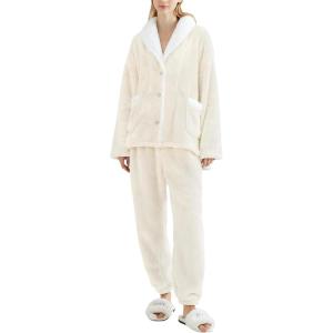 Gihuo Womens Pajamas Set Fluffy 2 Piece Pjs Fuzzy Top Pants Loose Coral Fleece Loungewear Sleepwear Winter Warm Pj(Beige)