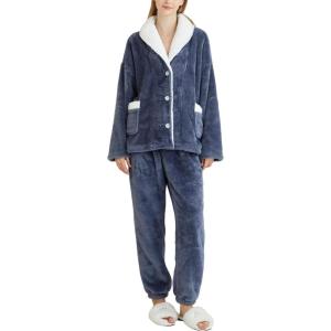 Gihuo Womens Pajamas Set Fluffy 2 Piece Pjs Fuzzy Top Pants Loose Coral Fleece Loungewear Sleepwear Winter Warm Pj(Darkblue)