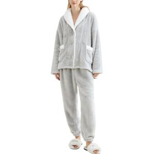 Gihuo Womens Pajamas Set Fluffy 2 Piece Pjs Fuzzy Top Pants Loose Coral Fleece Loungewear Sleepwear Winter Warm Pj(Lightgrey)