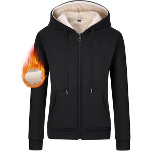Gihuo Women’s Sherpa Lined Hooded Sweatshirt Zip Up Winter Warm Hoodie Comfy Hooded Fleece Jacket(Black Color)