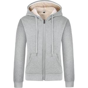 Gihuo Women’s Sherpa Lined Hooded Sweatshirt Zip Up Winter Warm Hoodie Comfy Hooded Fleece Jacket(Light Grey)