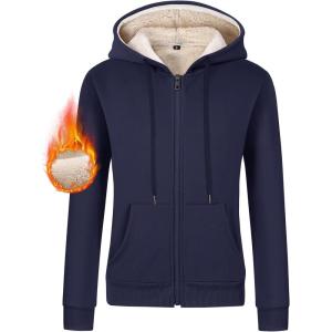 Gihuo Women’s Sherpa Lined Hooded Sweatshirt Zip Up Winter Warm Hoodie Comfy Hooded Fleece Jacket(Navy)