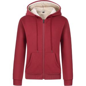 Gihuo Women’s Sherpa Lined Hooded Sweatshirt Zip Up Winter Warm Hoodie Comfy Hooded Fleece Jacket(Winered)