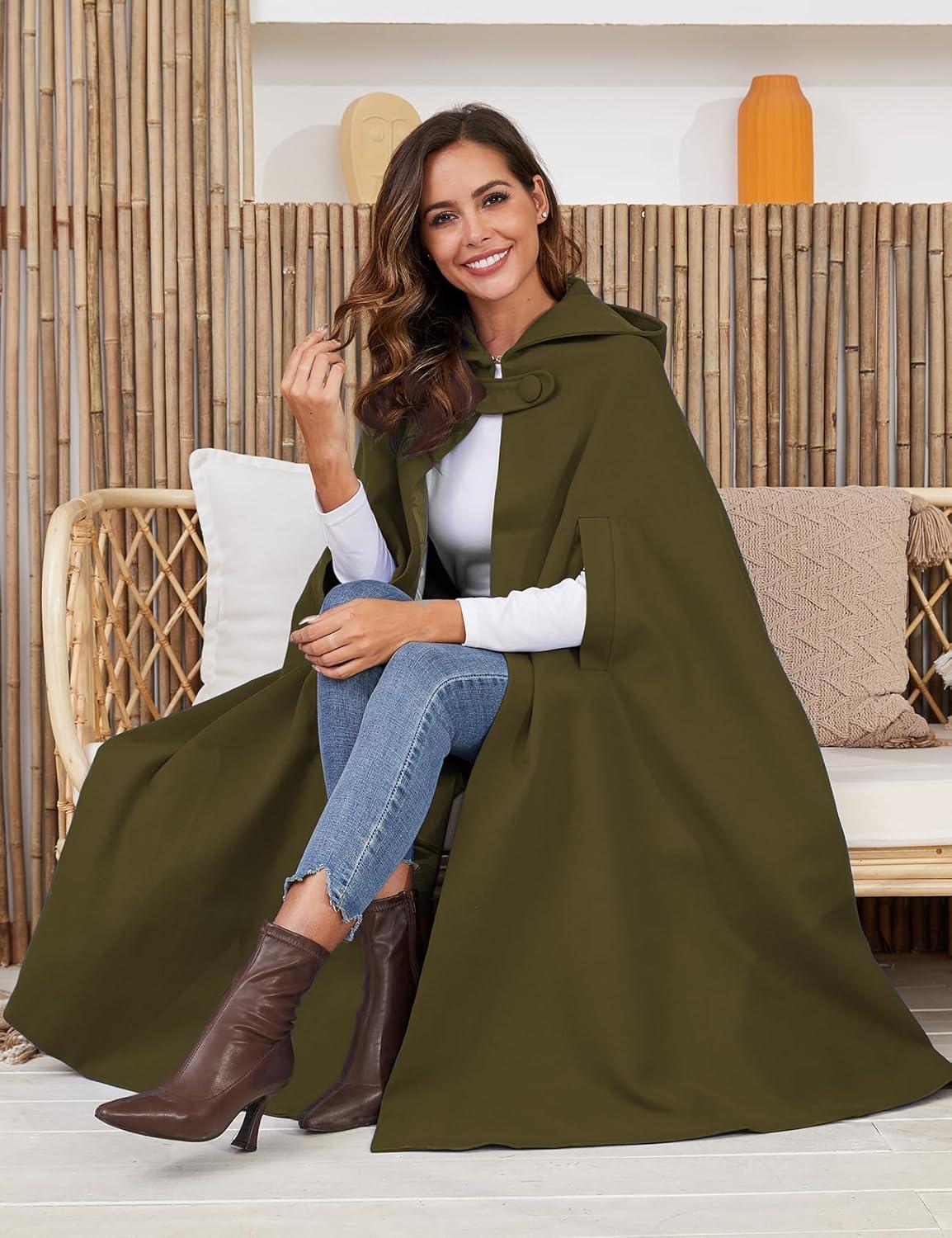 imageGihuo Cape Poncho Womens Hooded Maxi Cloak Coat Winter Warm Long Cloak Cosplay Costumes OuterwearArmy Green