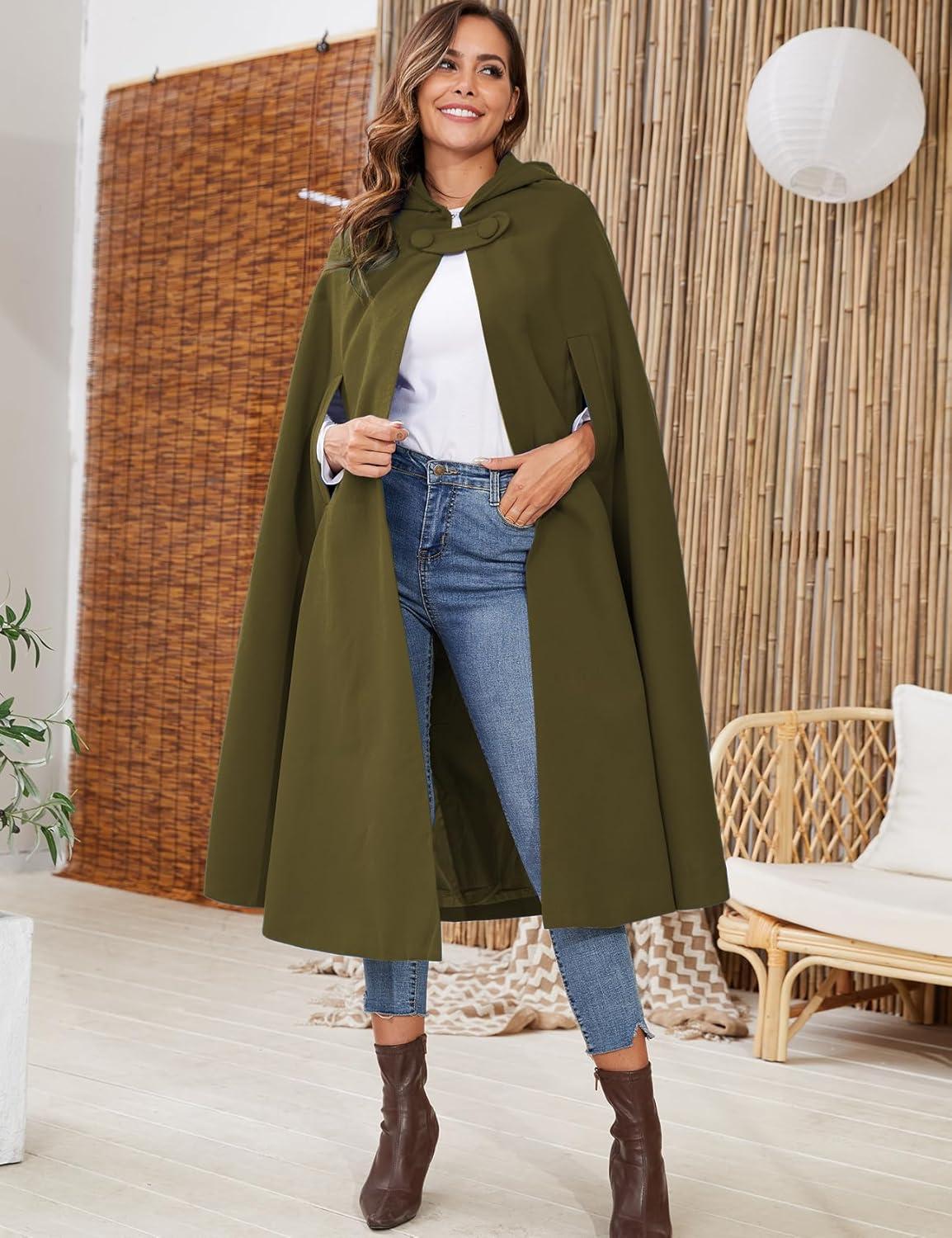 imageGihuo Cape Poncho Womens Hooded Maxi Cloak Coat Winter Warm Long Cloak Cosplay Costumes OuterwearArmy Green