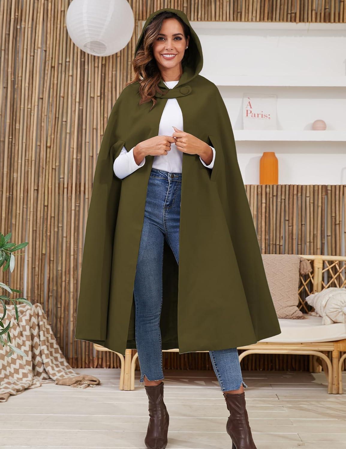 imageGihuo Cape Poncho Womens Hooded Maxi Cloak Coat Winter Warm Long Cloak Cosplay Costumes OuterwearArmy Green