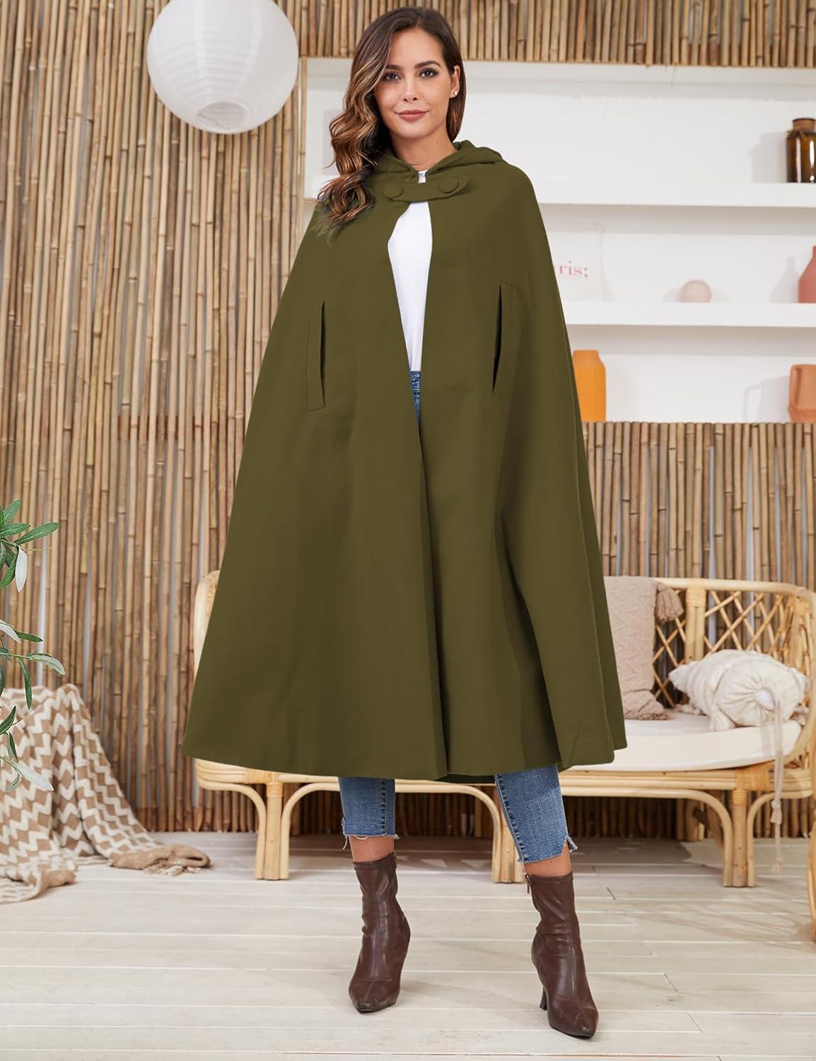 imageGihuo Cape Poncho Womens Hooded Maxi Cloak Coat Winter Warm Long Cloak Cosplay Costumes OuterwearArmy Green