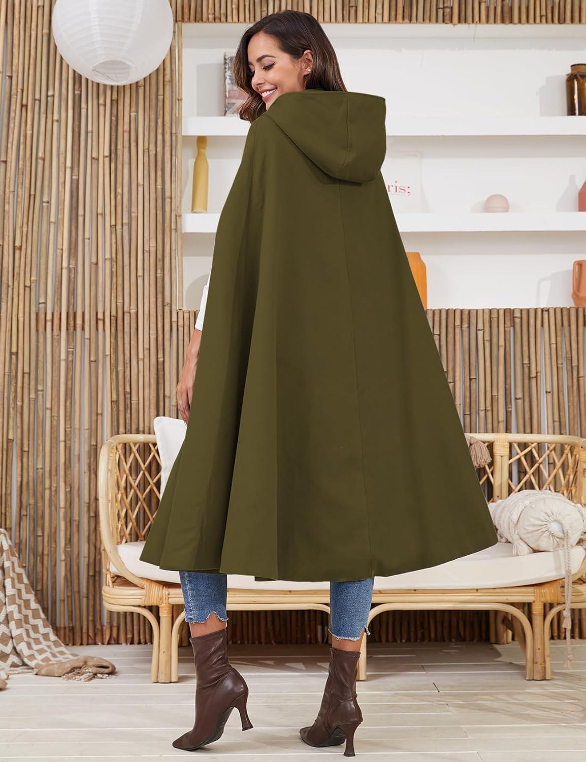 imageGihuo Cape Poncho Womens Hooded Maxi Cloak Coat Winter Warm Long Cloak Cosplay Costumes OuterwearArmy Green