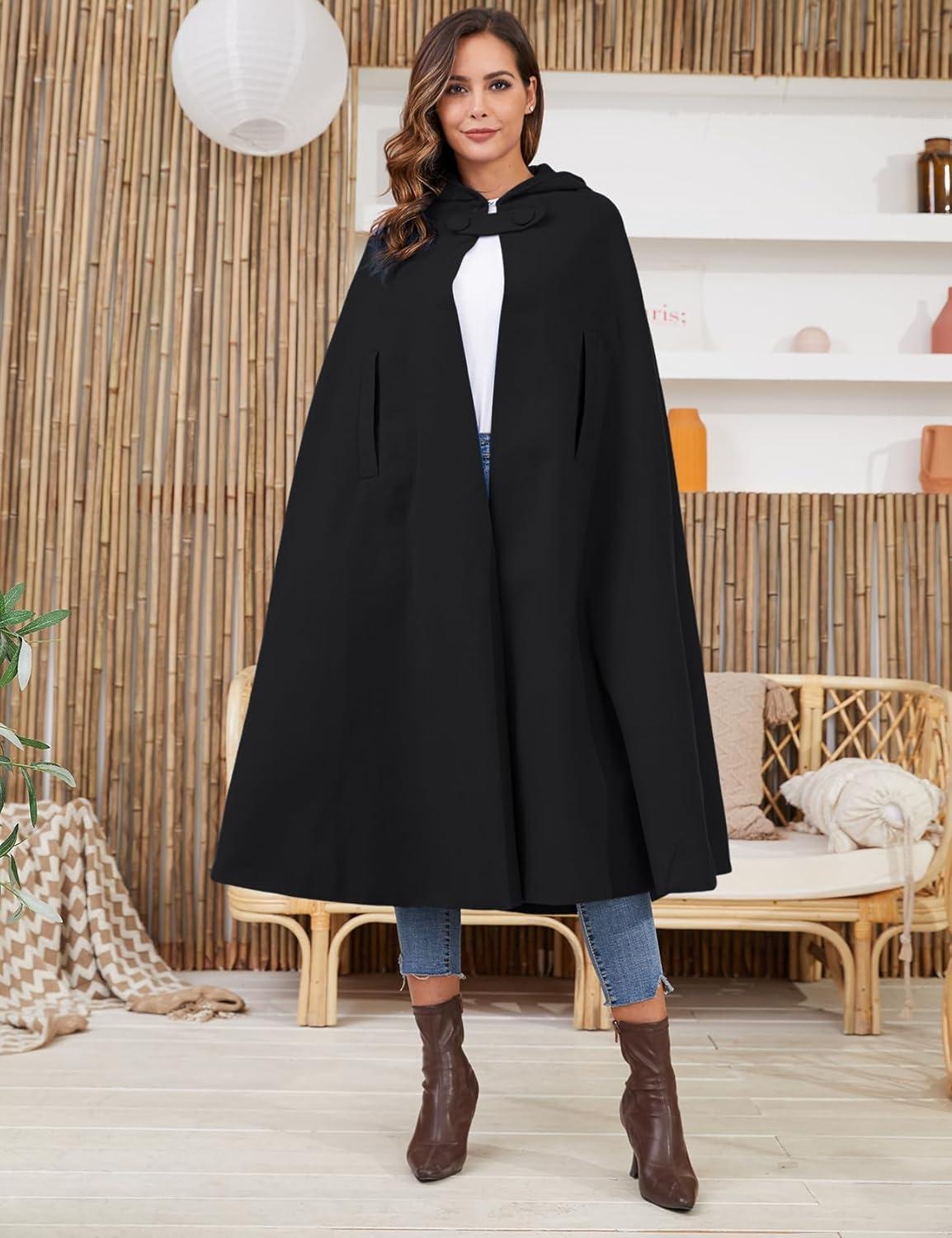 imageGihuo Cape Poncho Womens Hooded Maxi Cloak Coat Winter Warm Long Cloak Cosplay Costumes OuterwearBlack