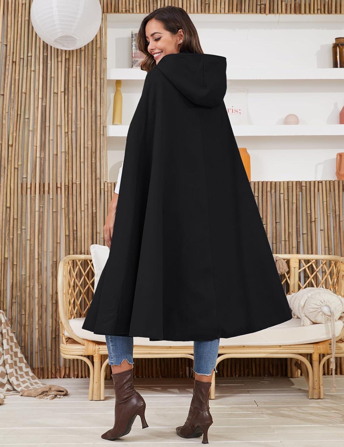 imageGihuo Cape Poncho Womens Hooded Maxi Cloak Coat Winter Warm Long Cloak Cosplay Costumes OuterwearBlack