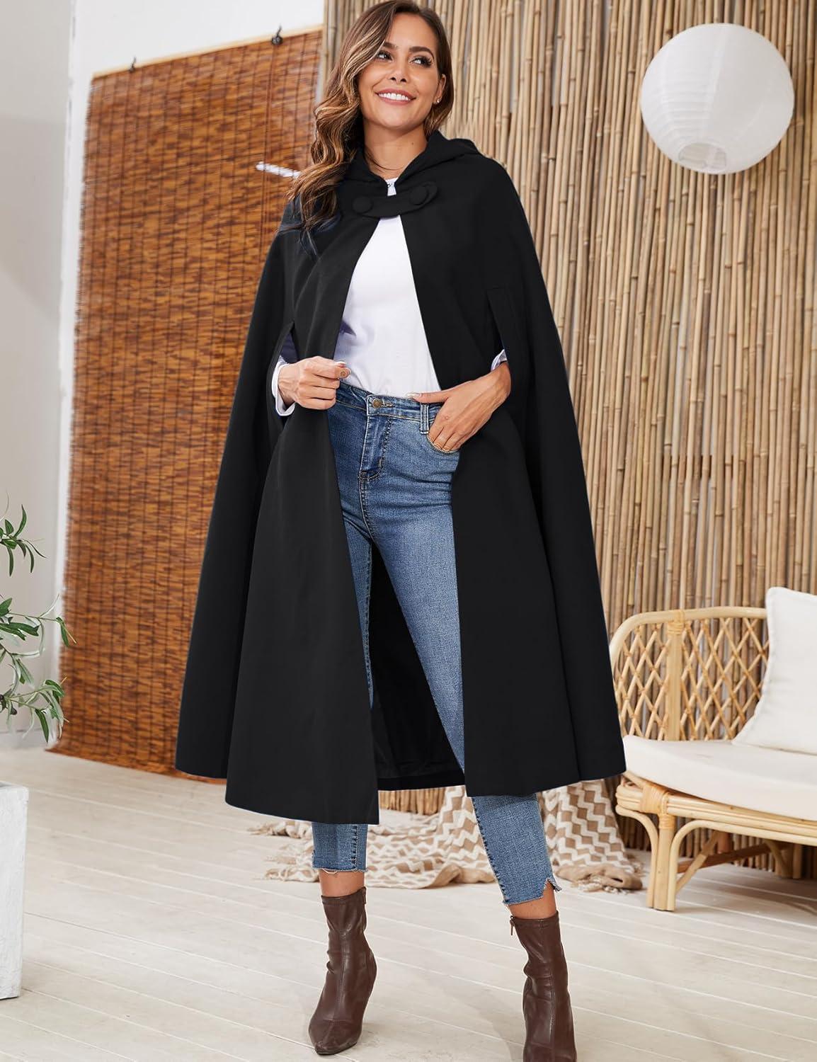 imageGihuo Cape Poncho Womens Hooded Maxi Cloak Coat Winter Warm Long Cloak Cosplay Costumes OuterwearBlack