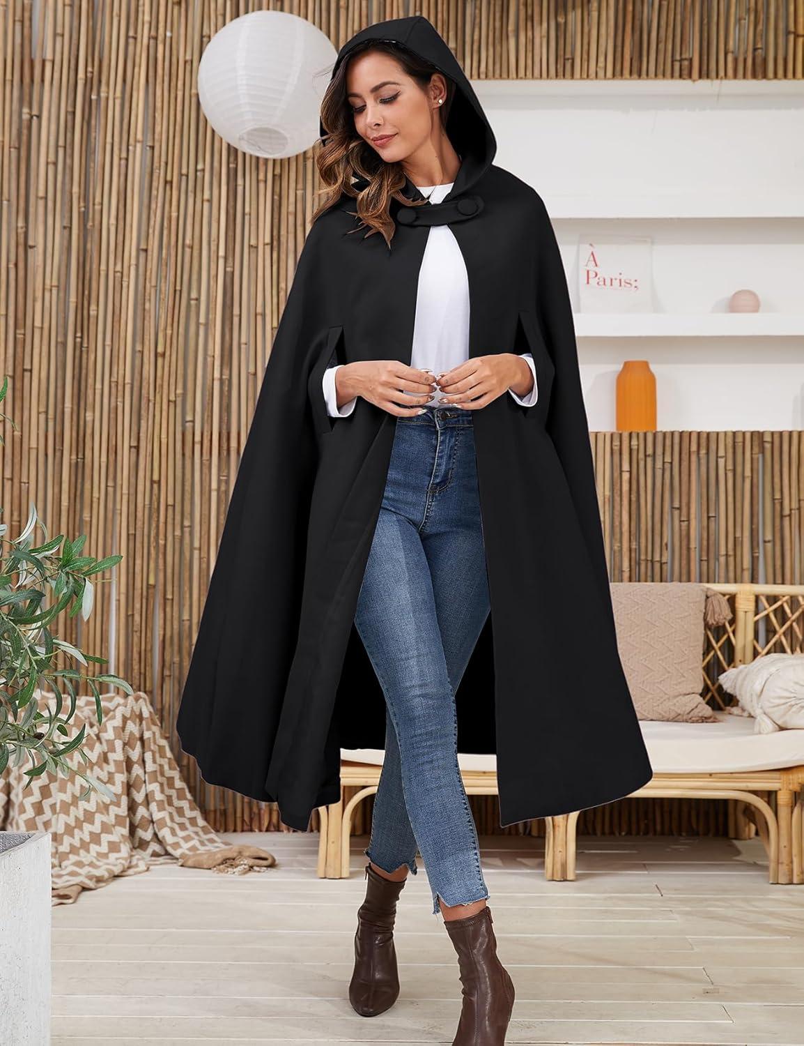 imageGihuo Cape Poncho Womens Hooded Maxi Cloak Coat Winter Warm Long Cloak Cosplay Costumes OuterwearBlack