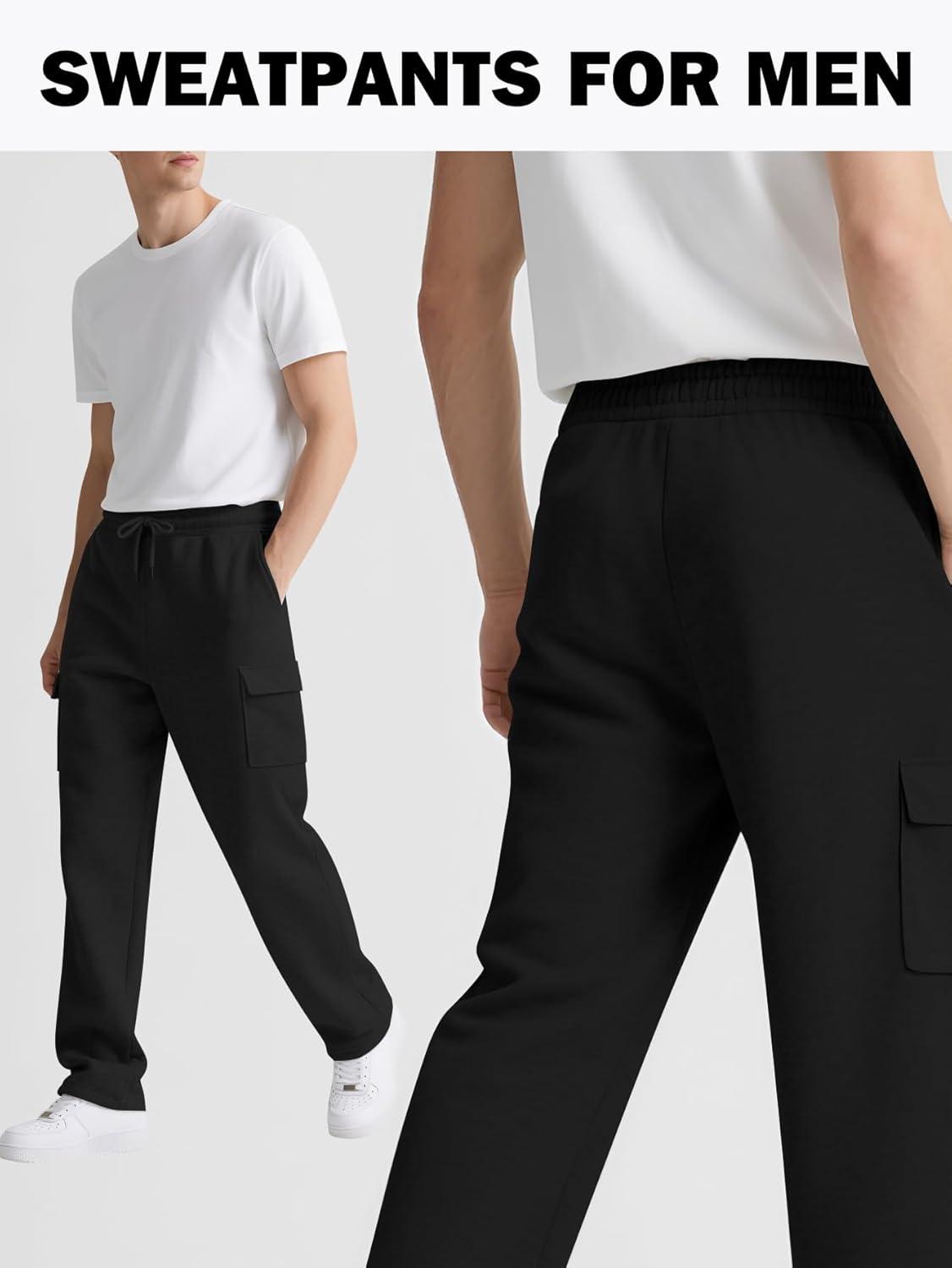 imageGihuo Cargo Sweatpants for Men Athletic Baggy Fleece Pants Open Bottom Wide Leg Drawstring Joggers with PocketsBlack