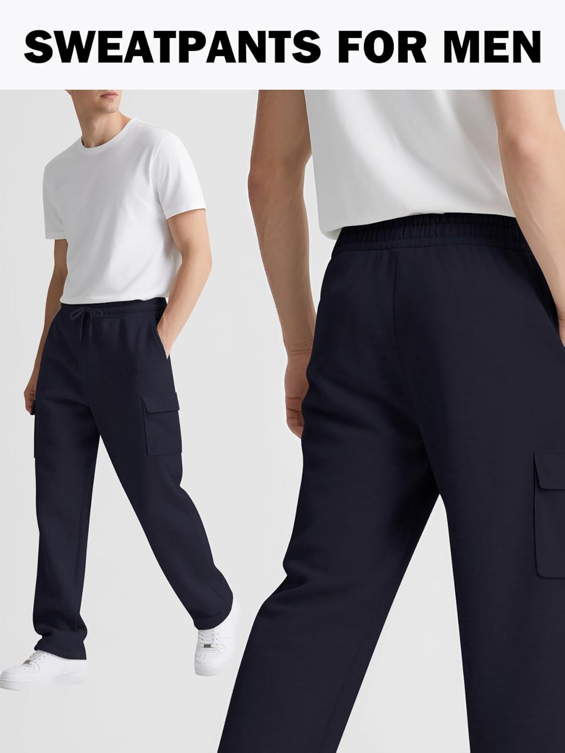 imageGihuo Cargo Sweatpants for Men Athletic Baggy Fleece Pants Open Bottom Wide Leg Drawstring Joggers with PocketsBlue