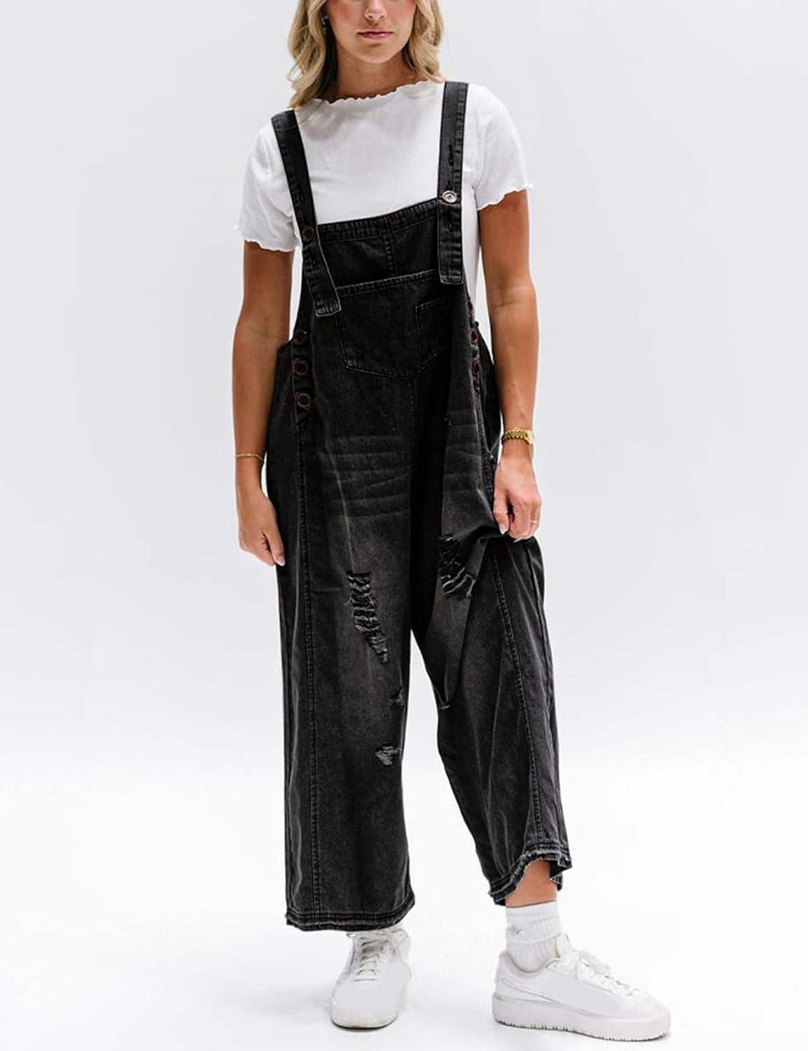 imageGihuo Denim Overalls for Women Jean Bib Overalls Wide Leg Loose Fit Barrel Baggy Distressed Adjustable StrapsBlack