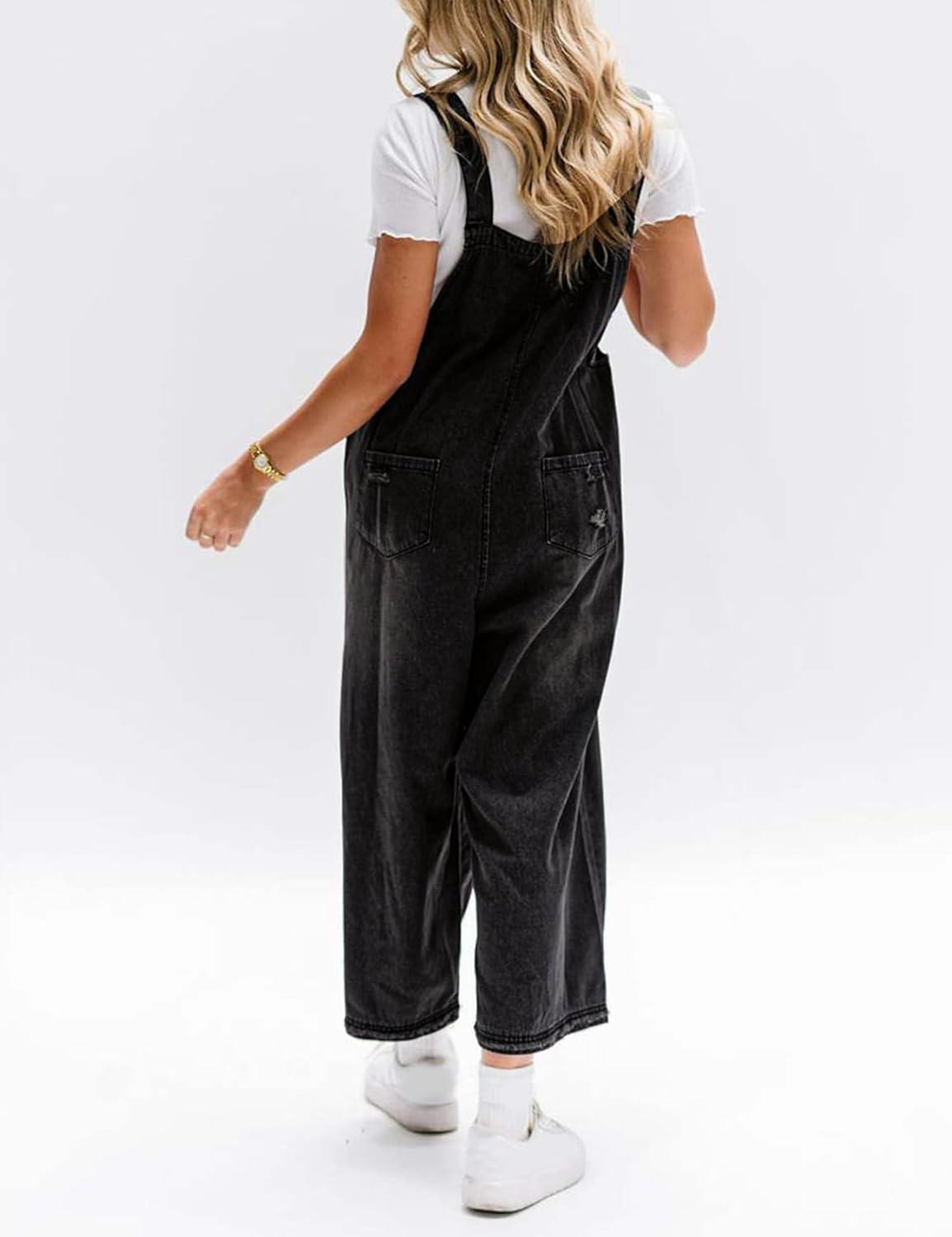 imageGihuo Denim Overalls for Women Jean Bib Overalls Wide Leg Loose Fit Barrel Baggy Distressed Adjustable StrapsBlack