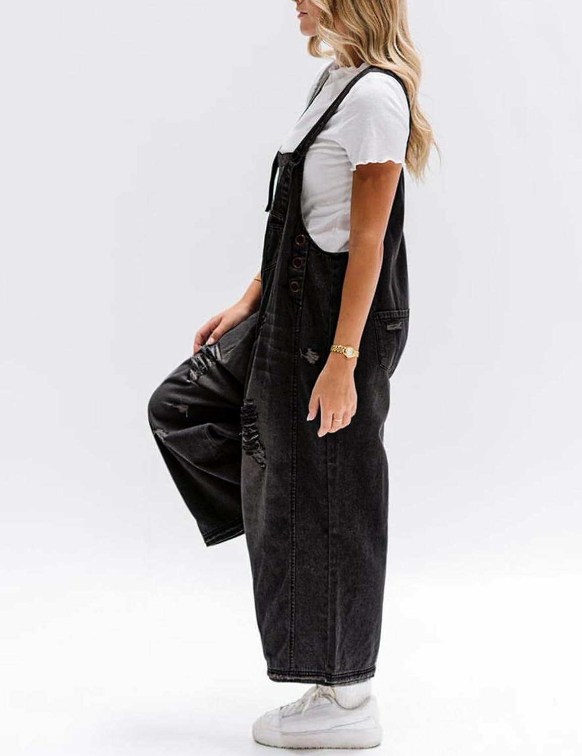imageGihuo Denim Overalls for Women Jean Bib Overalls Wide Leg Loose Fit Barrel Baggy Distressed Adjustable StrapsBlack