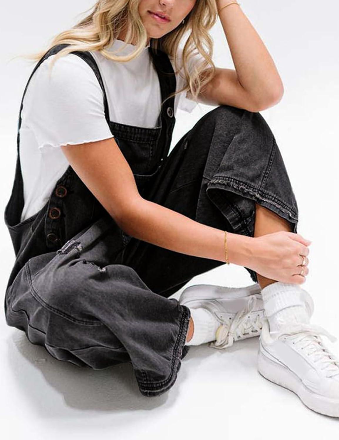 imageGihuo Denim Overalls for Women Jean Bib Overalls Wide Leg Loose Fit Barrel Baggy Distressed Adjustable StrapsBlack